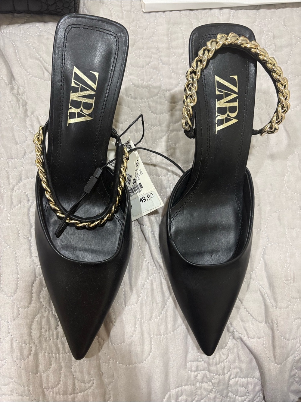 ZARA Black Pointed Mules with Gold Chain Strap